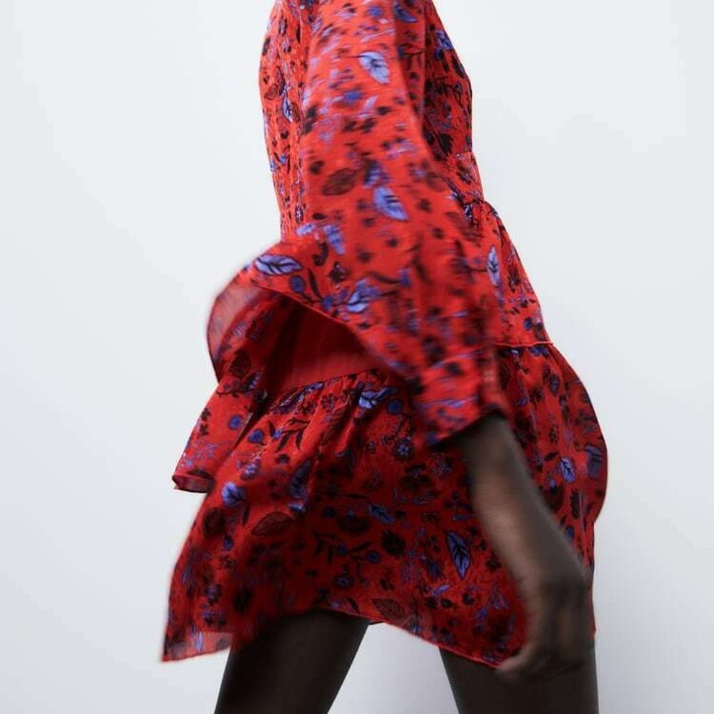 ZARA RUFFLE RED FLORAL SHORT DRESS - Picture 12 of 15